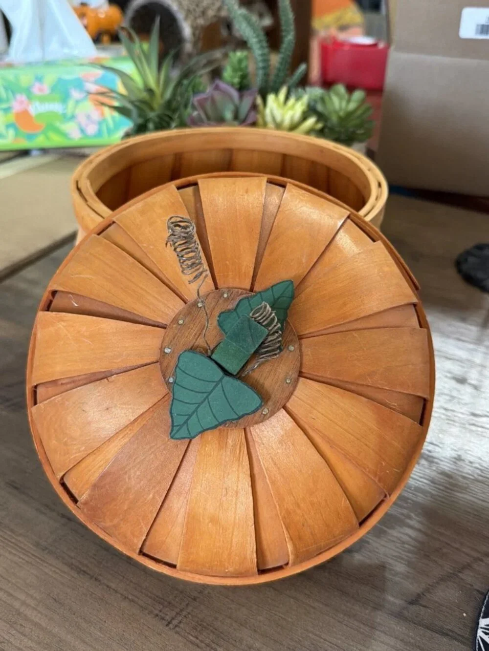 Orange Wooden Pumpkin Bushel Style Basket with Cover